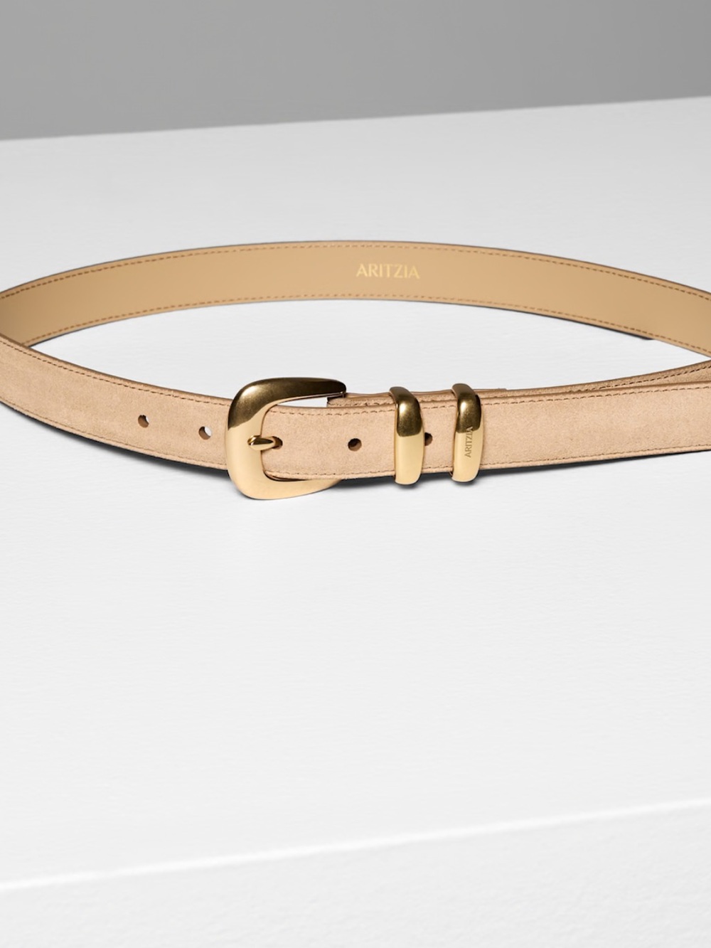 Aritzia Beige Suede Belt with Gold Brass Buckle